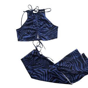 Two-Piece Skirt Set Blue & Black Zebra Print Y2K Festival Co-Ord Statement